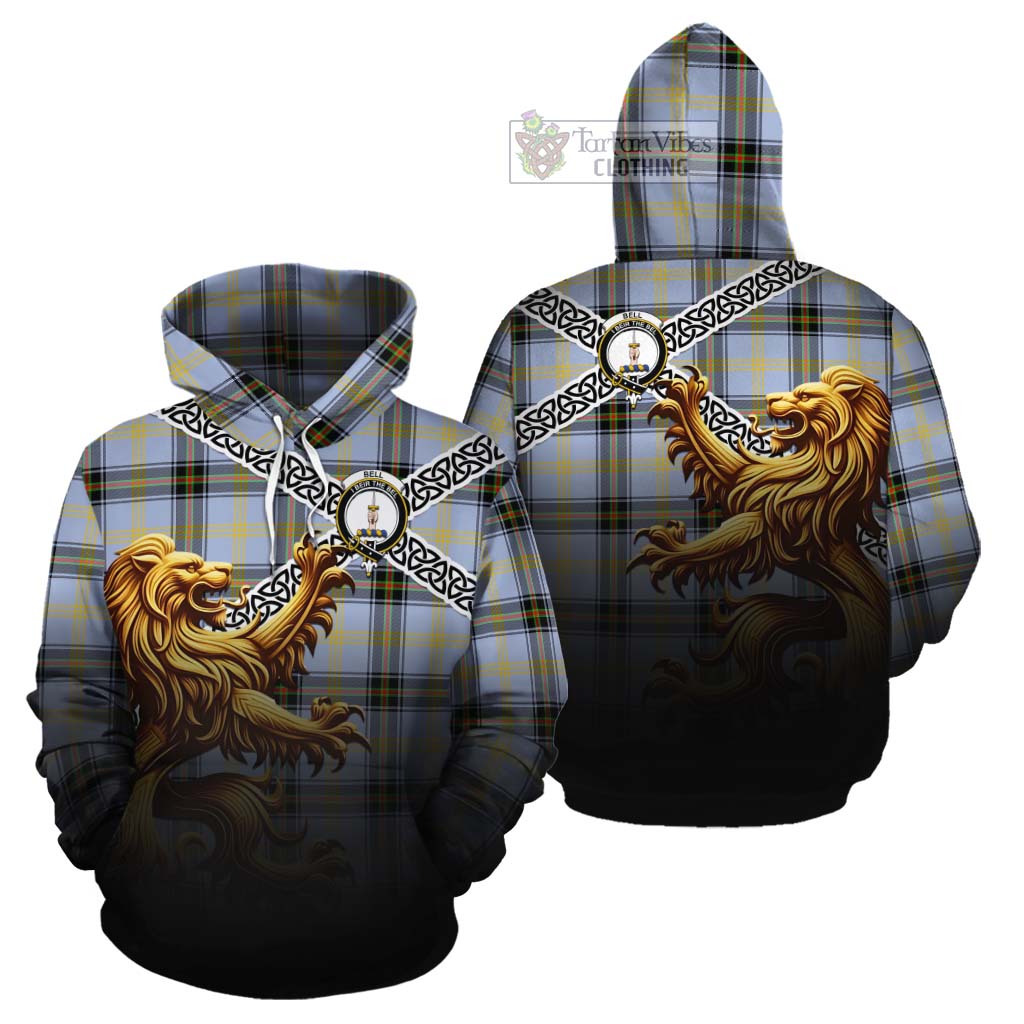 Tartan Vibes Clothing Bell Crest Tartan Cotton Hoodie with Golden Lion Emblem Celtic Style
