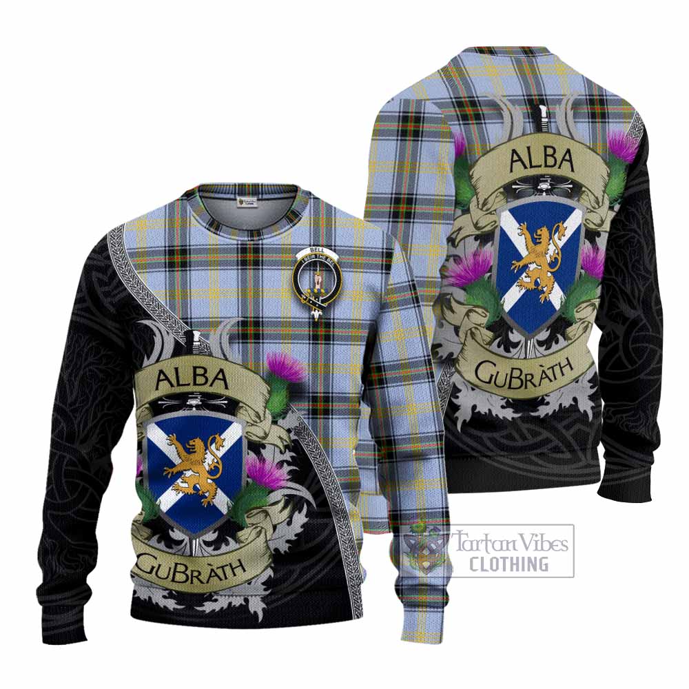 Tartan Vibes Clothing Bell Tartan Family Crest Knitted Sweater Lion Rampant Royal Thistle Shield Celtic Inspired