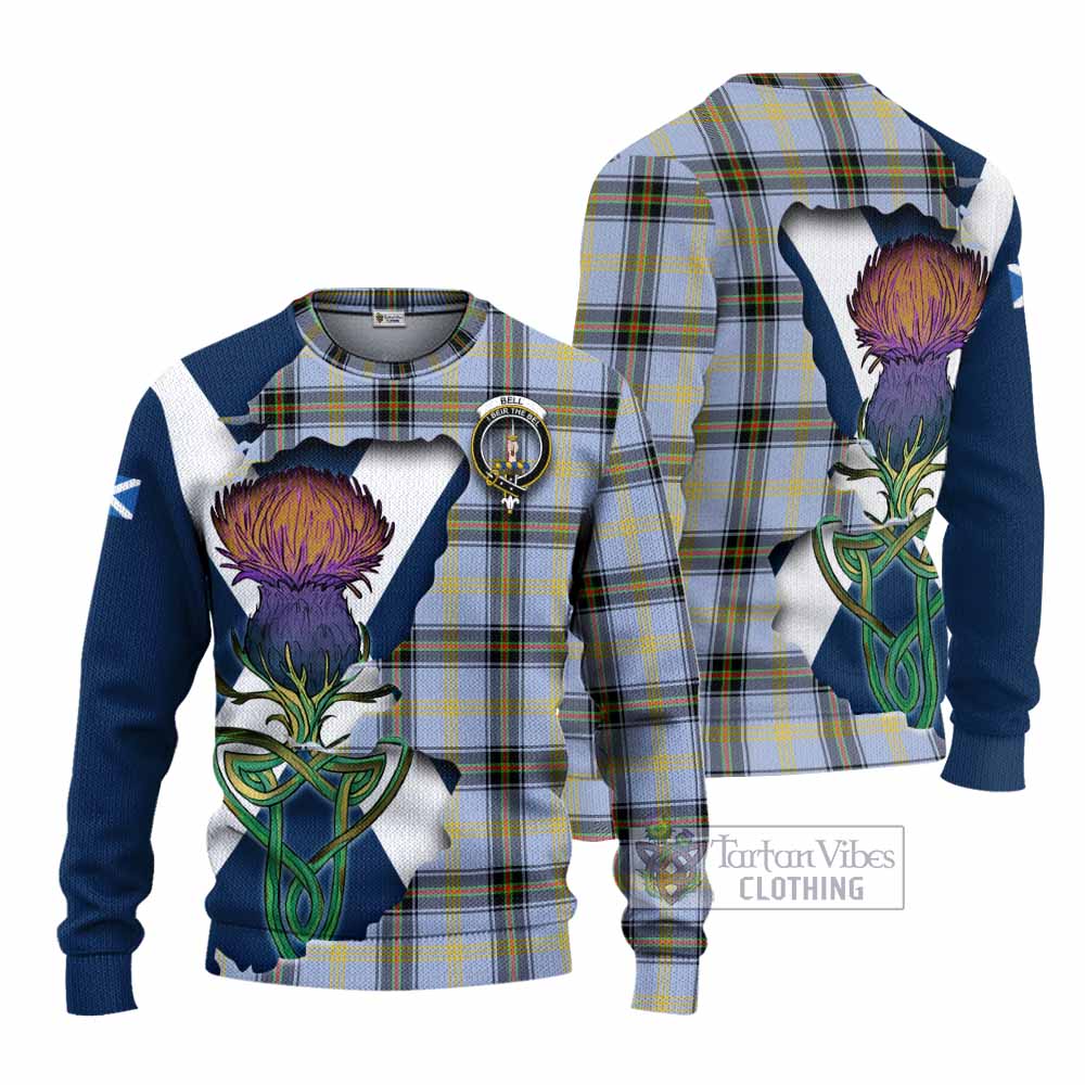 Tartan Vibes Clothing Bell Tartan Family Crest Knitted Sweater Scottish Thistle Celtic Inspired