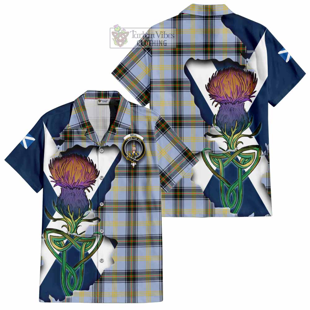Tartan Vibes Clothing Bell Tartan Family Crest Short Sleeve Button Shirt Scottish Thistle Celtic Inspired