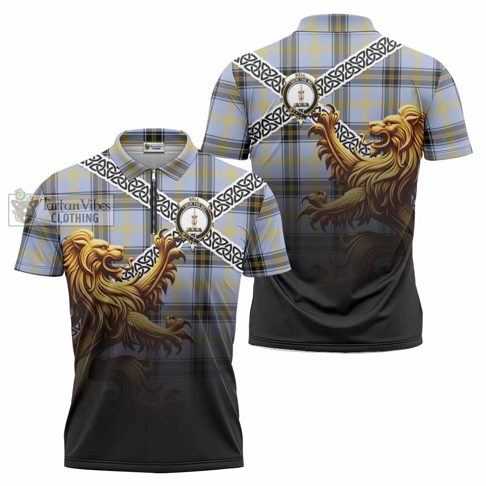 Tartan Vibes Clothing Bell Crest Tartan Zipper Polo Shirt with Golden Lion Emblem Celtic Style