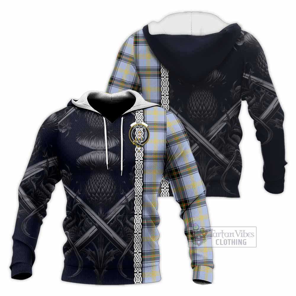 Tartan Vibes Clothing Bell Tartan Knitted Hoodie with Family Crest Cross Sword Thistle Celtic Vibes