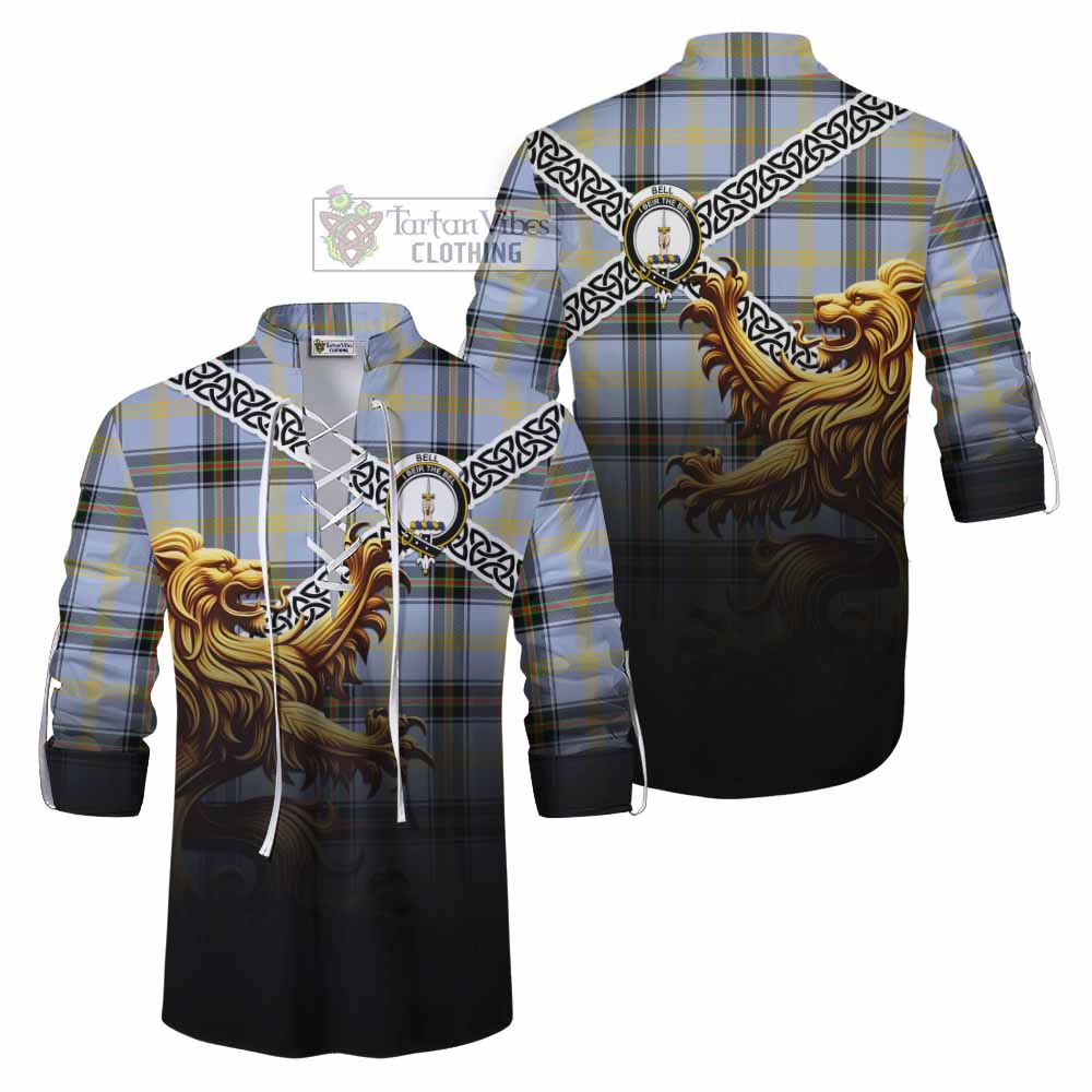 Tartan Vibes Clothing Bell Crest Tartan Ghillie Kilt Shirt with Golden Lion Emblem Celtic Style