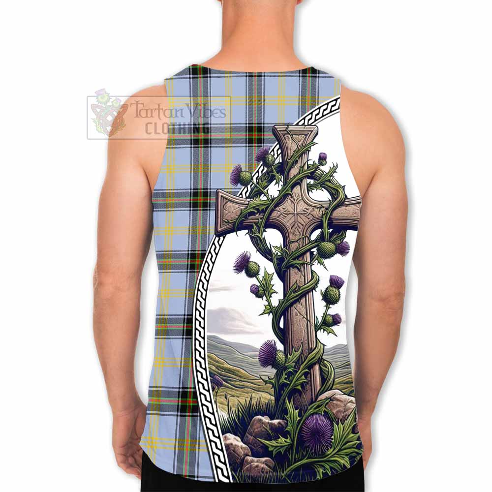 Tartan Vibes Clothing Bell Tartan Men's Tank Top with Family Crest and St. Andrew's Cross Accented by Thistle Vines