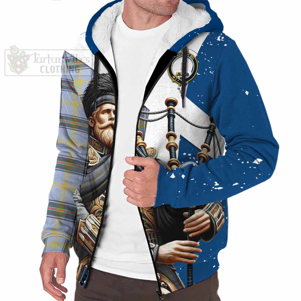 Tartan Vibes Clothing Bell Tartan Sherpa Hoodie with Family Crest Scottish Bagpiper Vibes