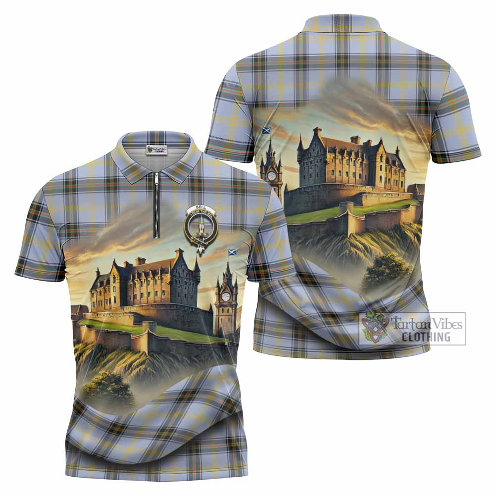 Tartan Vibes Clothing Bell Tartan Family Crest Zipper Polo Shirt with Scottish Ancient Castle Stype