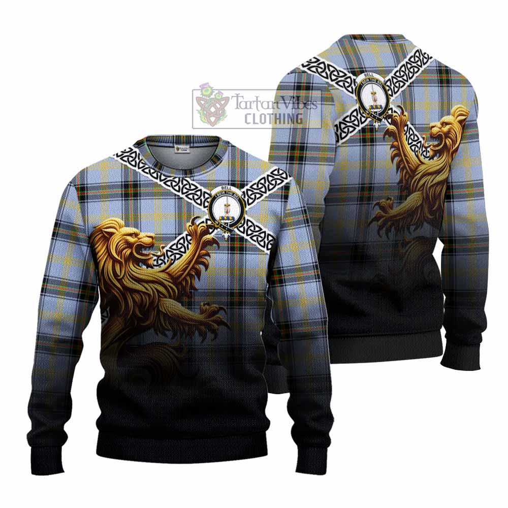 Tartan Vibes Clothing Bell Crest Tartan Knitted Sweater with Golden Lion Emblem Celtic Style