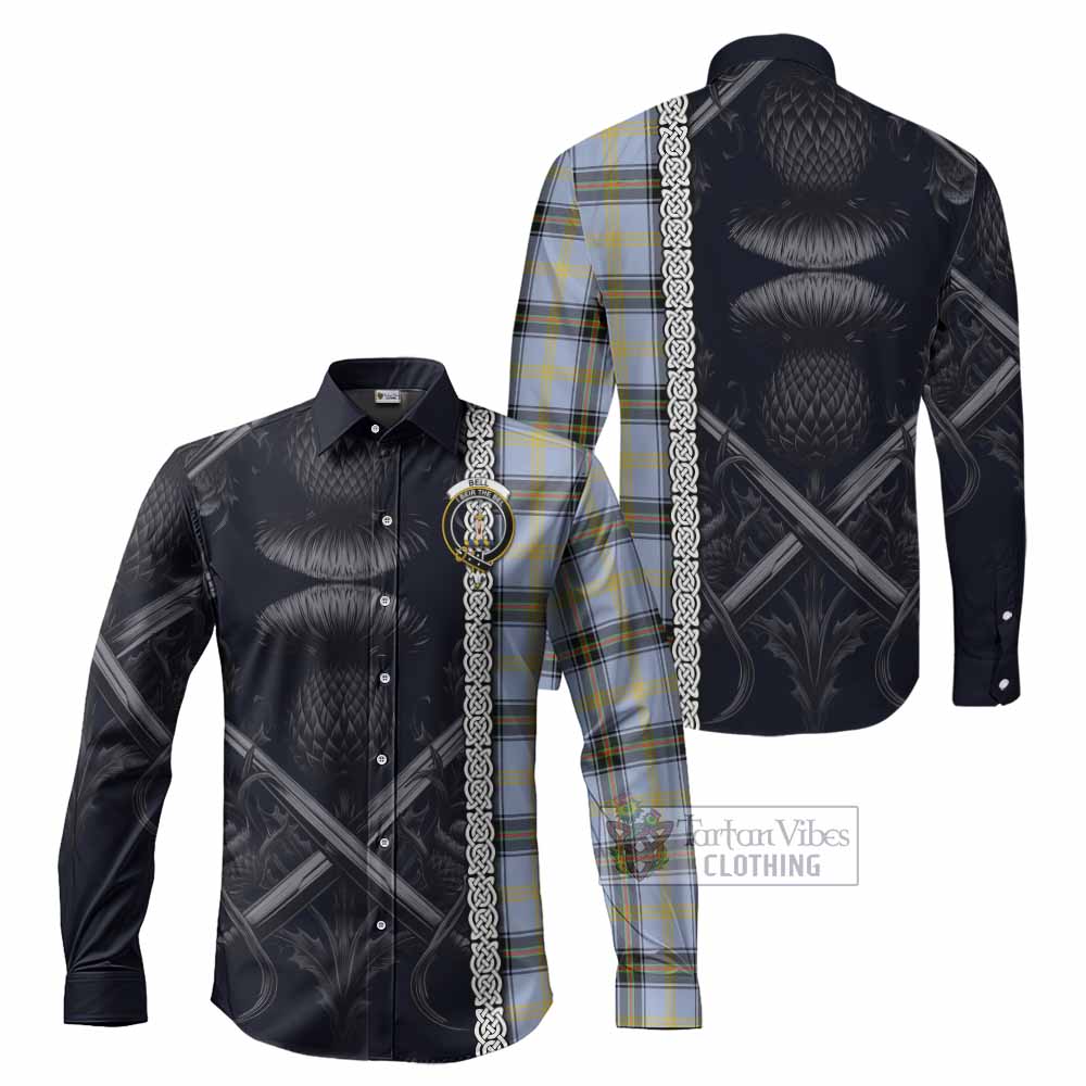 Tartan Vibes Clothing Bell Tartan Long Sleeve Button Shirt with Family Crest Cross Sword Thistle Celtic Vibes