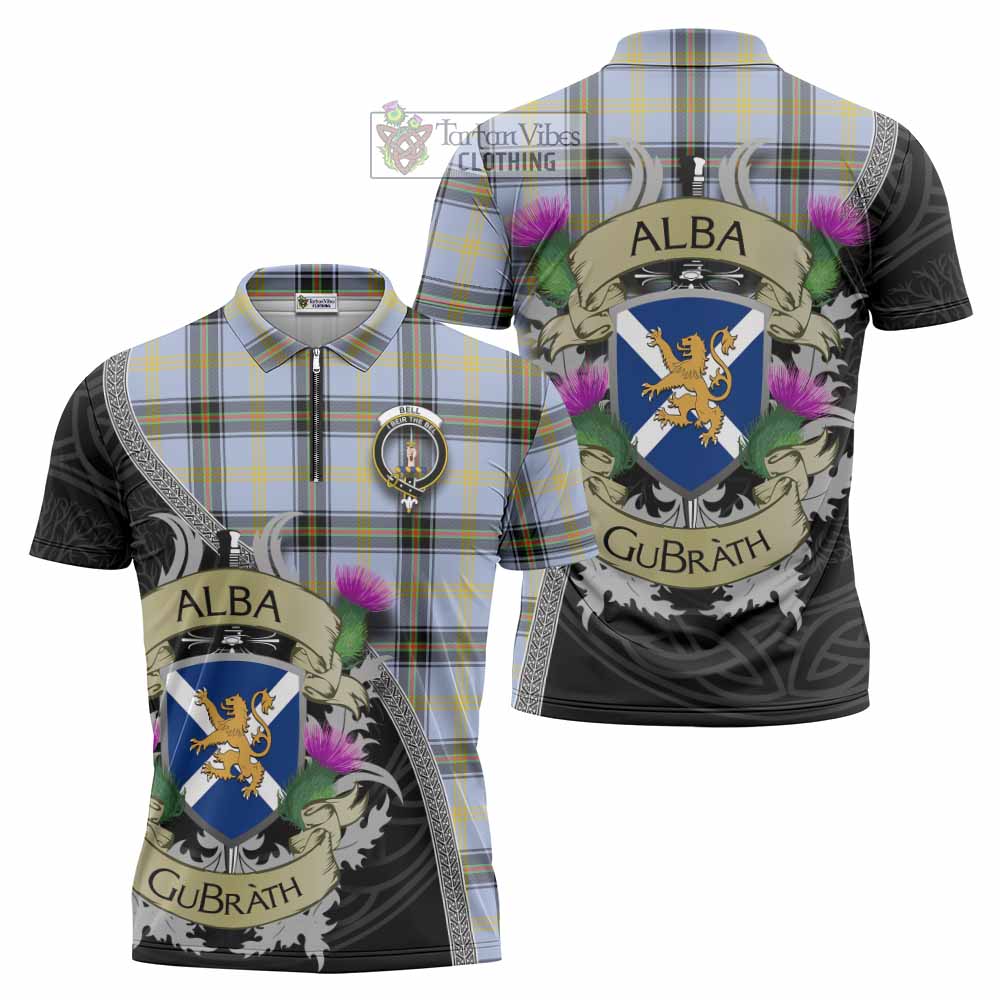 Tartan Vibes Clothing Bell Tartan Family Crest Zipper Polo Shirt Lion Rampant Royal Thistle Shield Celtic Inspired