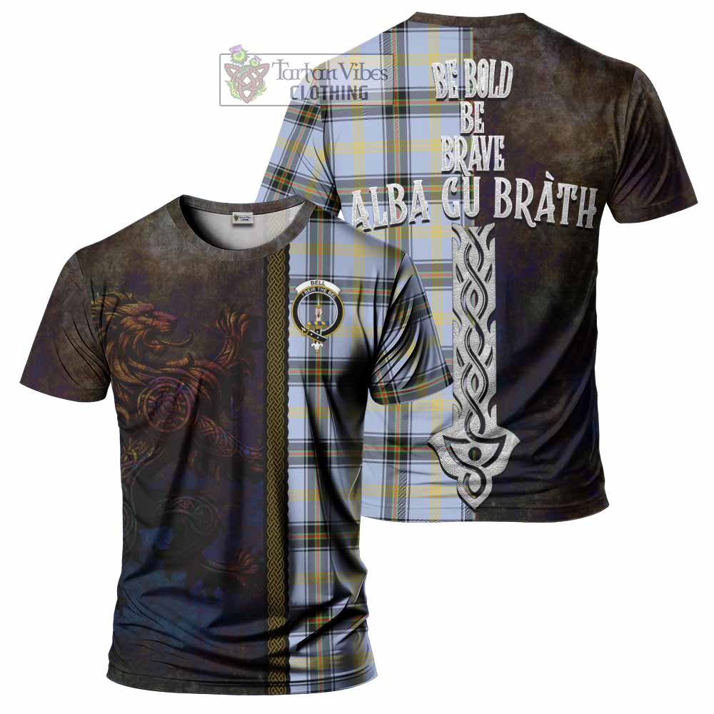 Tartan Vibes Clothing Bell Tartan Family Crest T-Shirt Alba Gu Brath Be Brave Lion Ancient Style