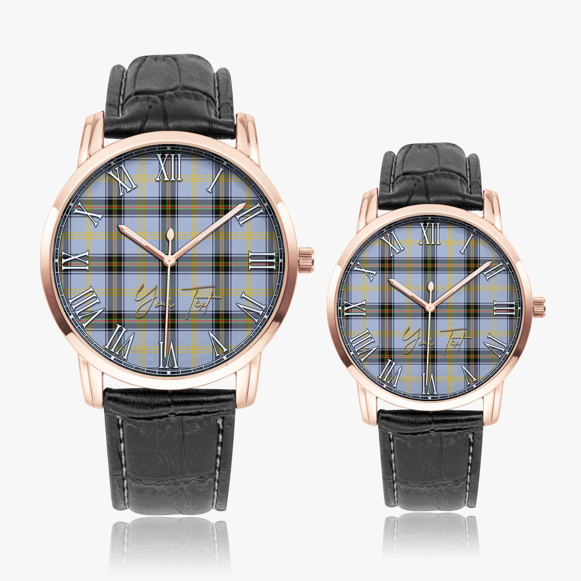 Bell Tartan Personalized Your Text Leather Trap Quartz Watch Wide Type Rose Gold Case With Black Leather Strap - Tartanvibesclothing