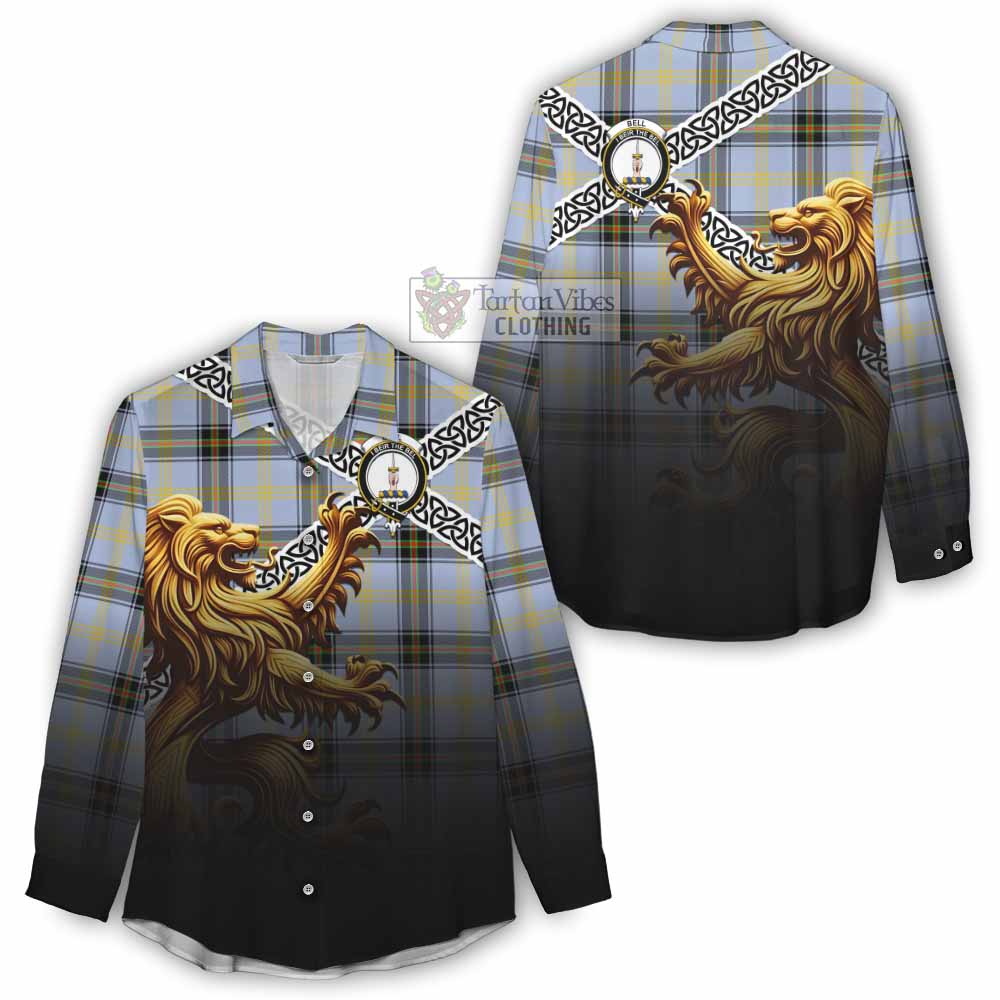 Tartan Vibes Clothing Bell Crest Tartan Women's Casual Shirt with Golden Lion Emblem Celtic Style