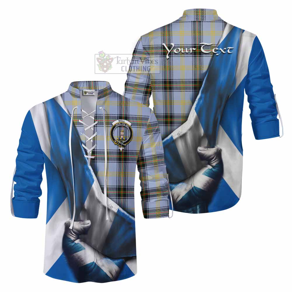 Tartan Vibes Clothing Bell Tartan Ghillie Kilt Shirt with Family Crest Scotland Patriotic Style