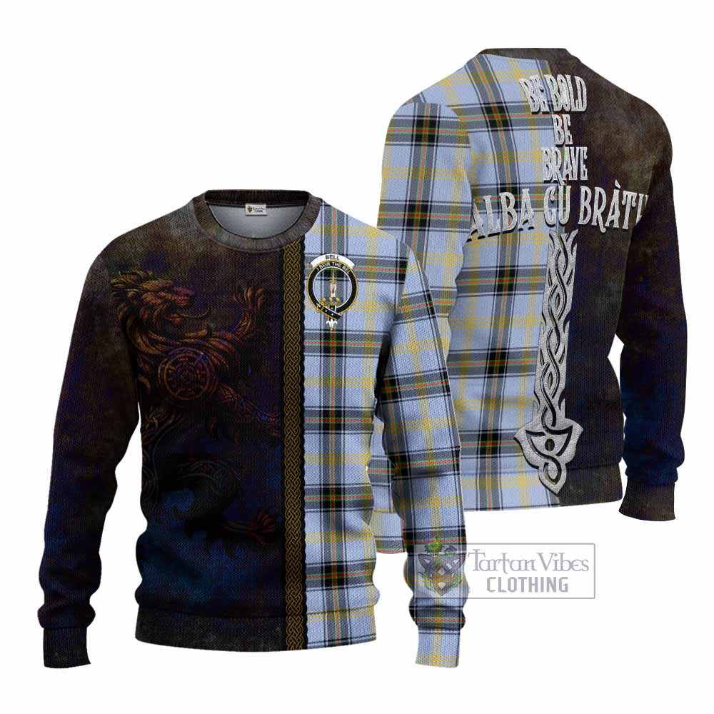 Tartan Vibes Clothing Bell Tartan Family Crest Knitted Sweater Alba Gu Brath Be Brave Lion Ancient Style