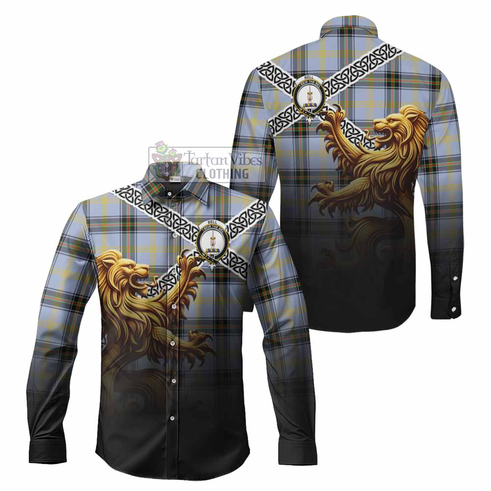 Tartan Vibes Clothing Bell Crest Tartan Long Sleeve Button Shirt with Golden Lion Emblem Celtic Style