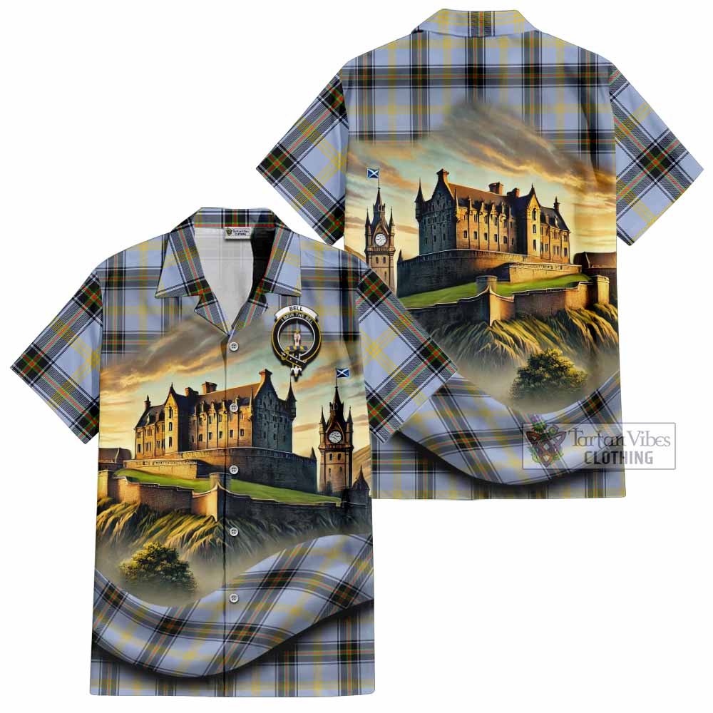 Tartan Vibes Clothing Bell Tartan Family Crest Short Sleeve Button Shirt with Scottish Ancient Castle Style
