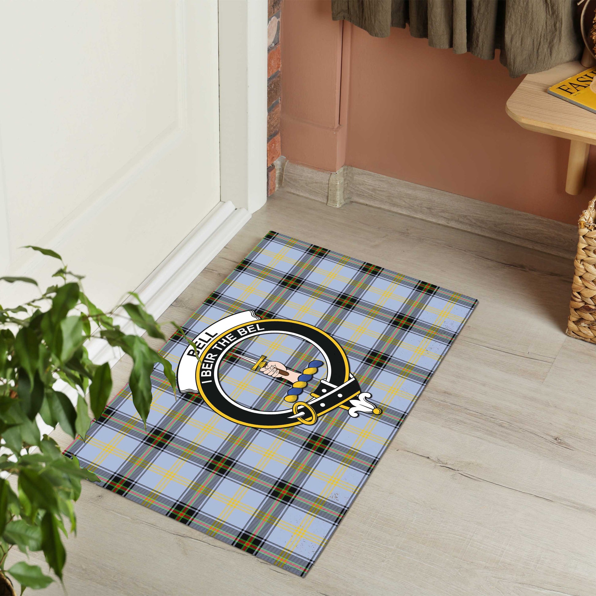 Bell Tartan Door Mat with Family Crest - Tartanvibesclothing