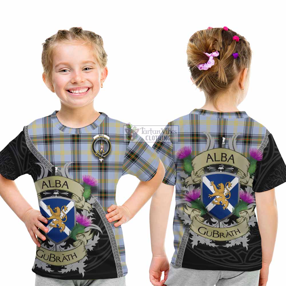 Tartan Vibes Clothing Bell Tartan Family Crest Kid T-Shirt Lion Rampant Royal Thistle Shield Celtic Inspired