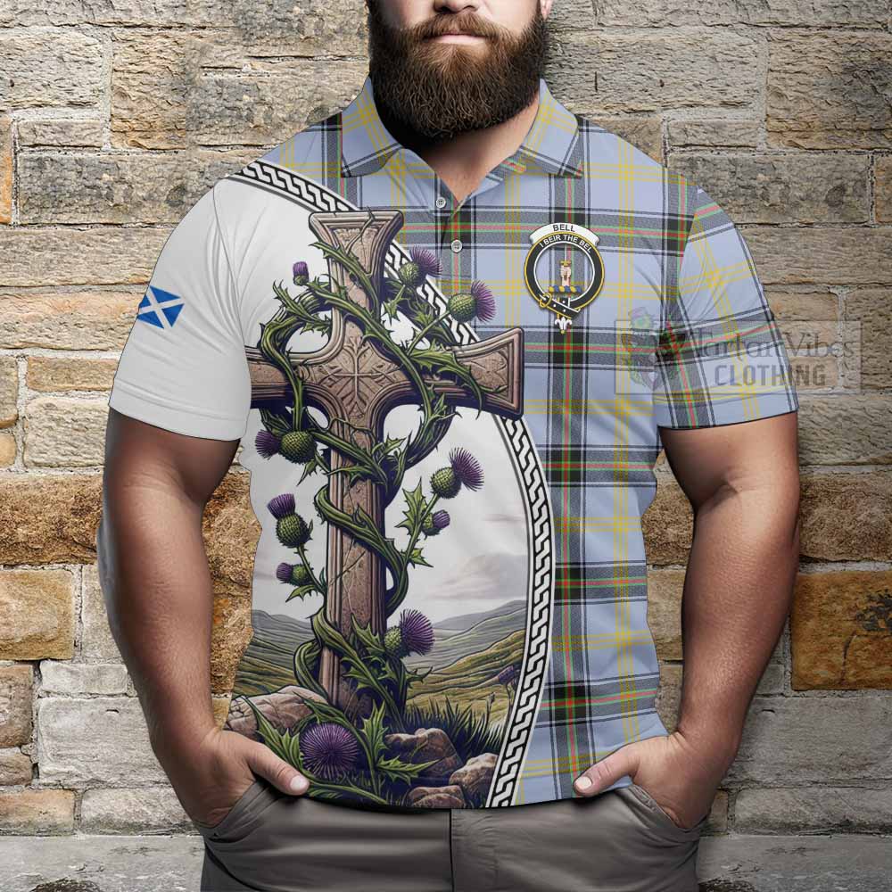 Tartan Vibes Clothing Bell Tartan Polo Shirt with Family Crest and St. Andrew's Cross Accented by Thistle Vines