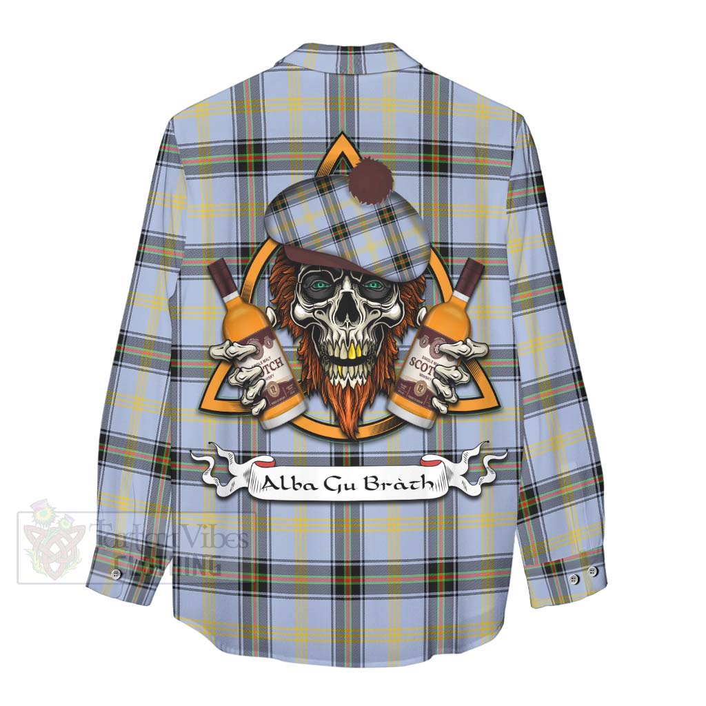 Tartan Vibes Clothing Bell Tartan Women's Casual Shirt with Family Crest and Bearded Skull Holding Bottles of Whiskey