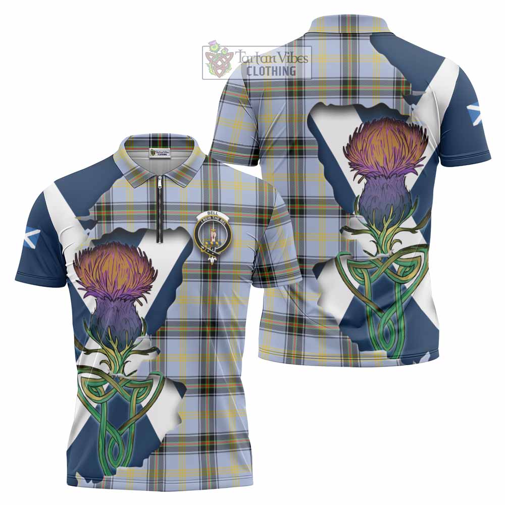 Tartan Vibes Clothing Bell Tartan Family Crest Zipper Polo Shirt Scottish Thistle Celtic Inspired