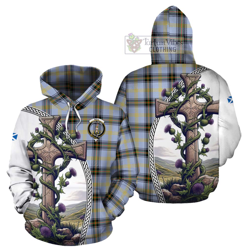 Tartan Vibes Clothing Bell Tartan Cotton Hoodie with Family Crest and St. Andrew's Cross Accented by Thistle Vines