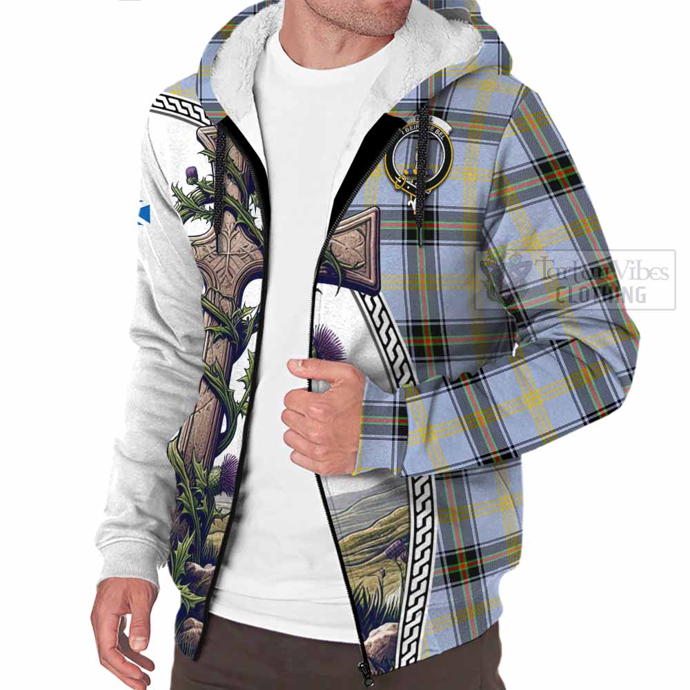 Tartan Vibes Clothing Bell Tartan Sherpa Hoodie with Family Crest and St. Andrew's Cross Accented by Thistle Vines