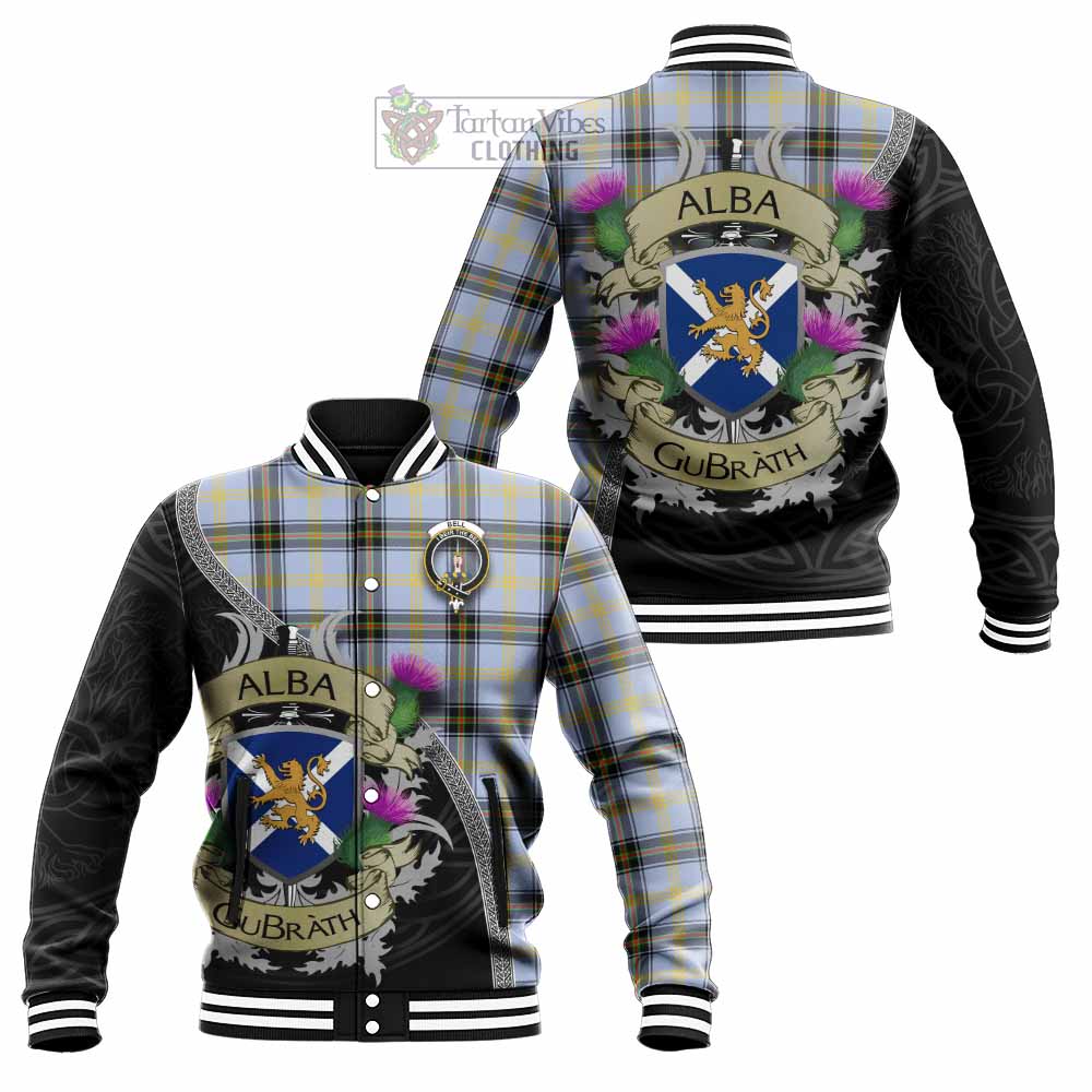 Tartan Vibes Clothing Bell Tartan Family Crest Baseball Jacket Lion Rampant Royal Thistle Shield Celtic Inspired
