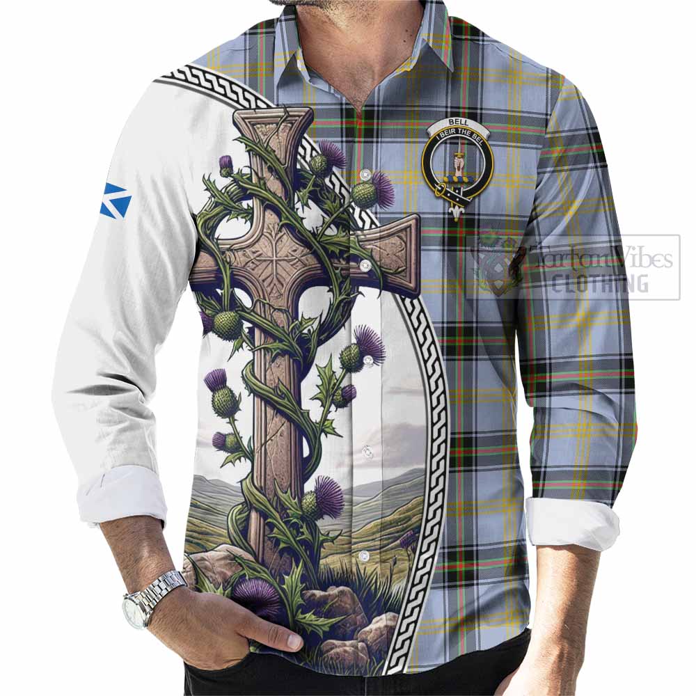 Tartan Vibes Clothing Bell Tartan Long Sleeve Button Shirt with Family Crest and St. Andrew's Cross Accented by Thistle Vines