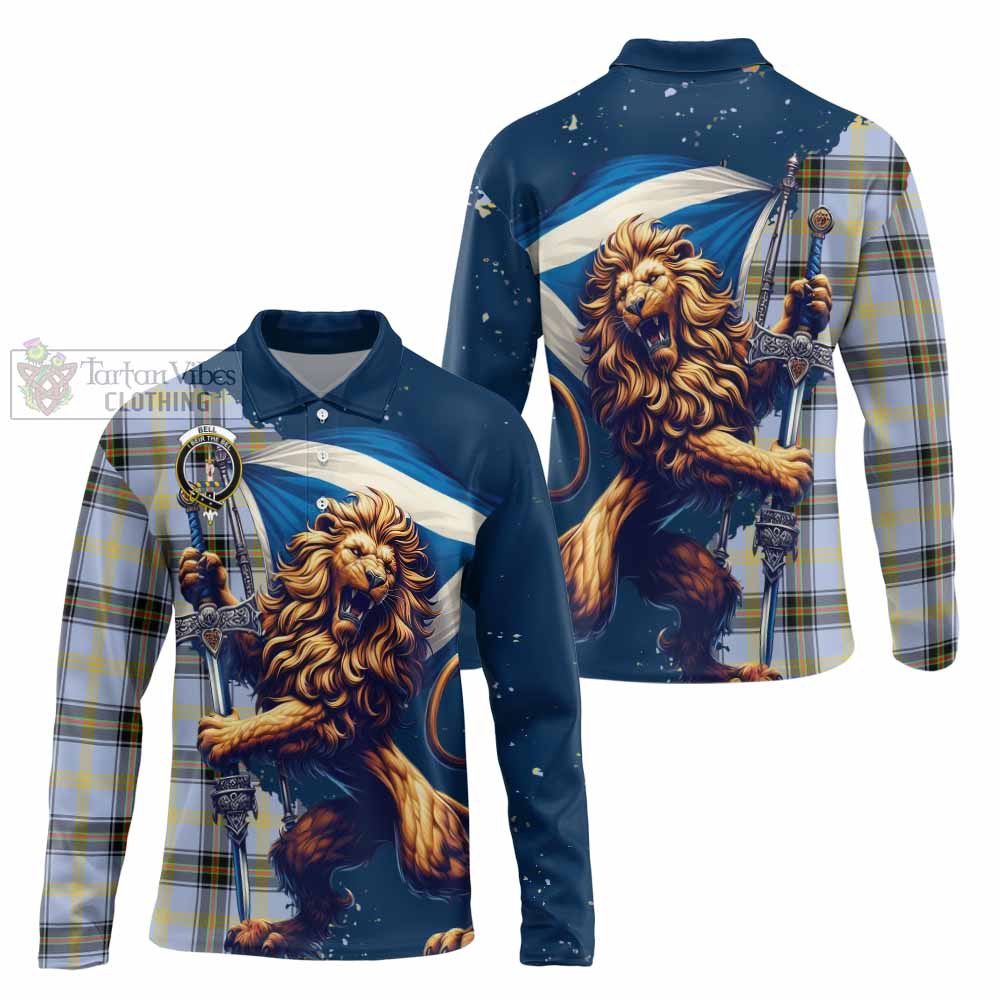 Tartan Vibes Clothing Bell Tartan Family Crest Long Sleeve Polo Shirt with Scottish Majestic Lion