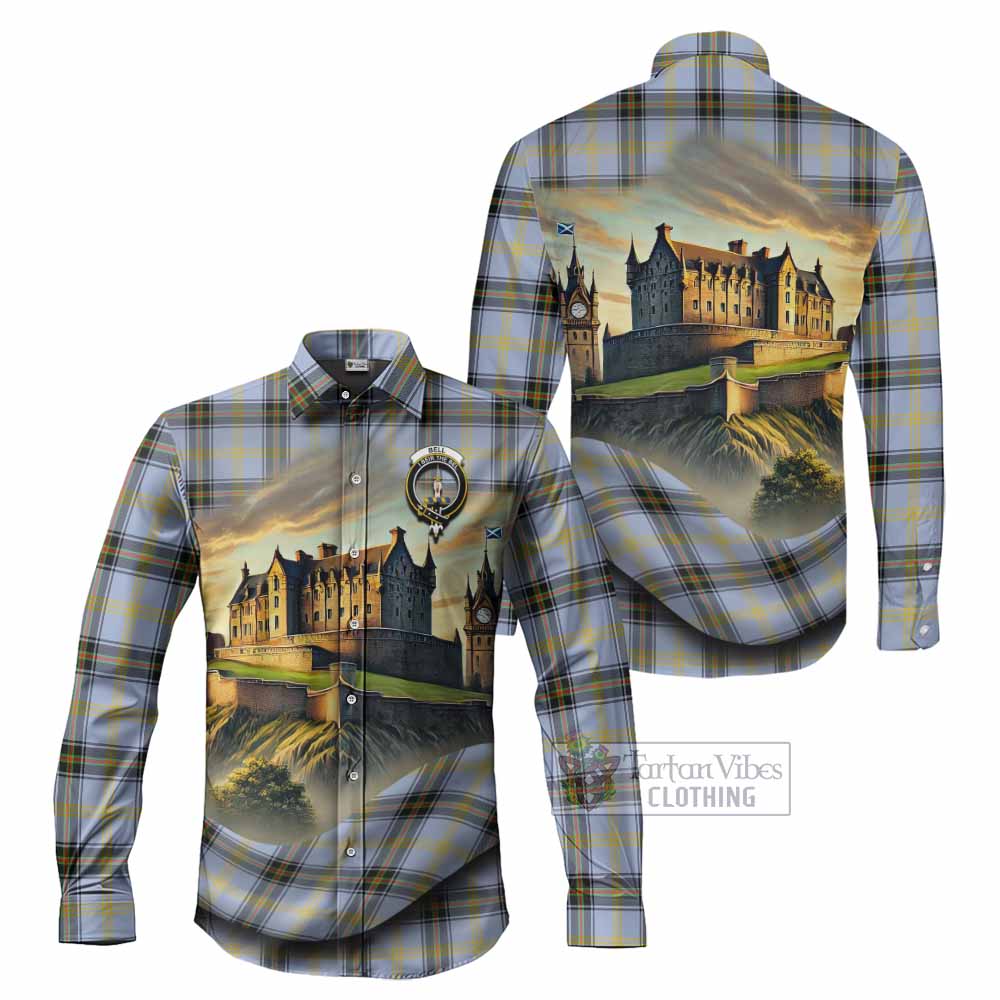 Tartan Vibes Clothing Bell Tartan Family Crest Long Sleeve Button Shirt with Scottish Ancient Castle Style