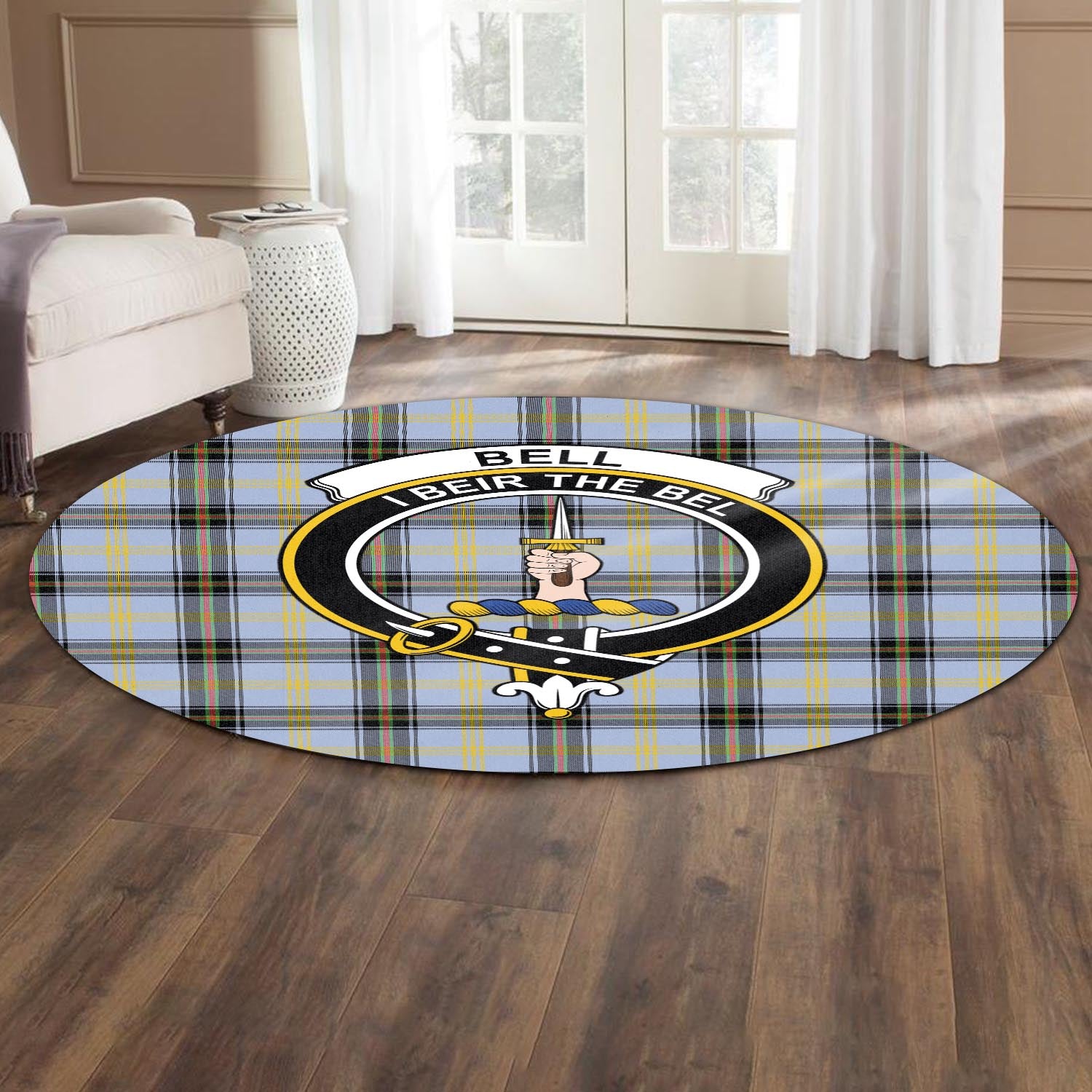 Bell Tartan Round Rug with Family Crest - Tartanvibesclothing