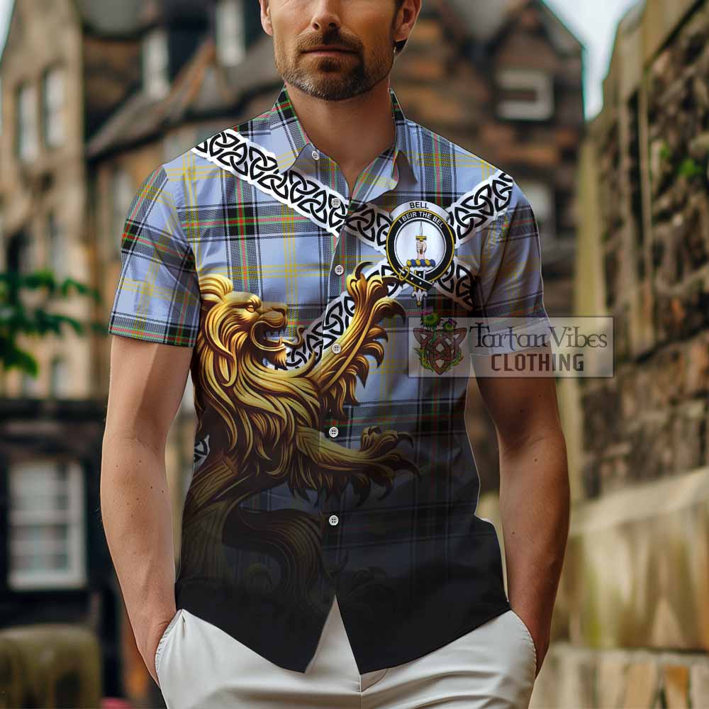 Tartan Vibes Clothing Bell Crest Tartan Short Sleeve Button Shirt with Golden Lion Emblem Celtic Style