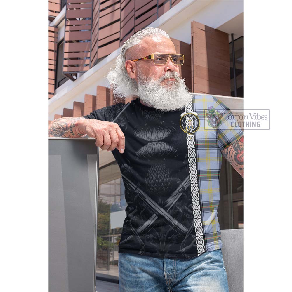 Tartan Vibes Clothing Bell Tartan Cotton T-shirt with Family Crest Cross Sword Thistle Celtic Vibes