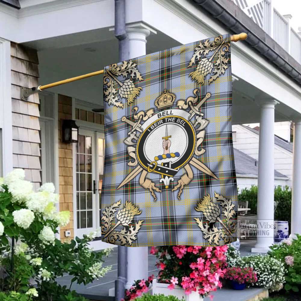 Tartan Vibes Clothing Bell Tartan Flag with Family Crest and Golden Thistle Crossed Sword Design