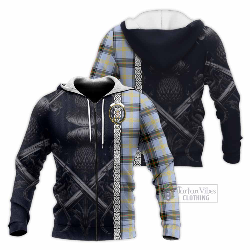 Tartan Vibes Clothing Bell Tartan Knitted Hoodie with Family Crest Cross Sword Thistle Celtic Vibes