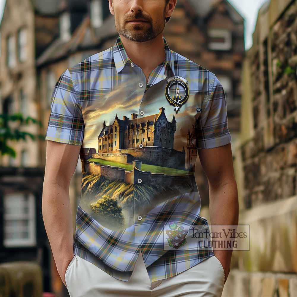 Tartan Vibes Clothing Bell Tartan Family Crest Short Sleeve Button Shirt with Scottish Ancient Castle Style