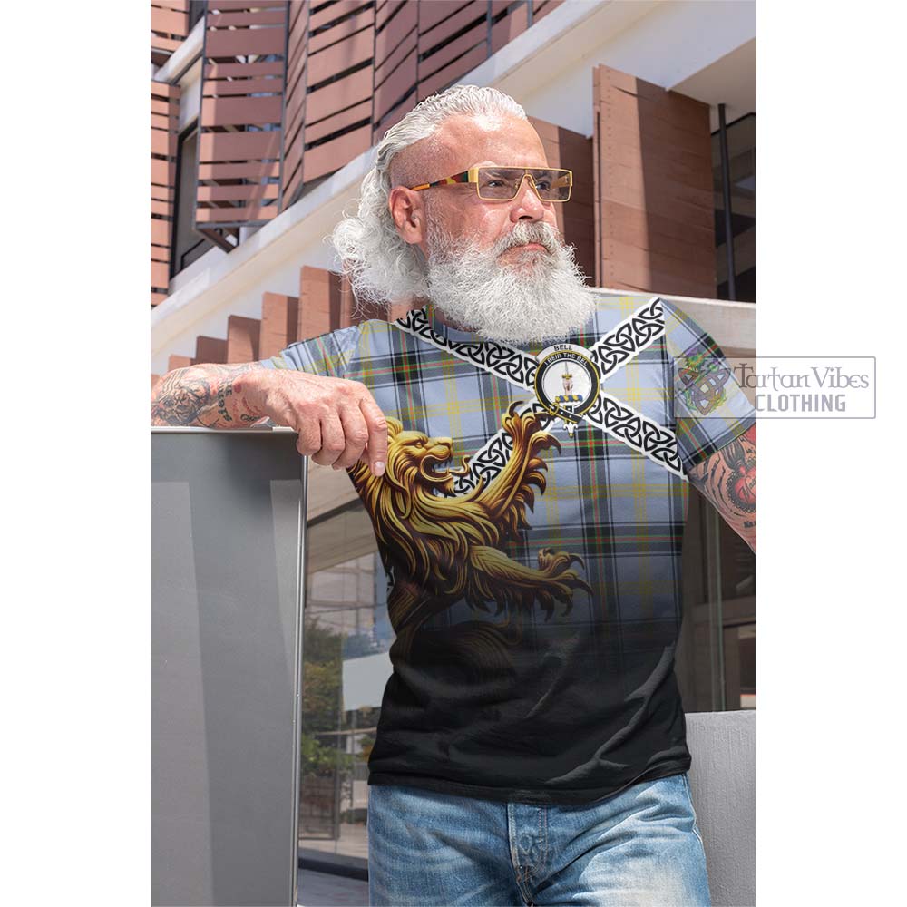 Tartan Vibes Clothing Bell Crest Tartan Cotton T-shirt with Golden Lion Emblem Celtic Style