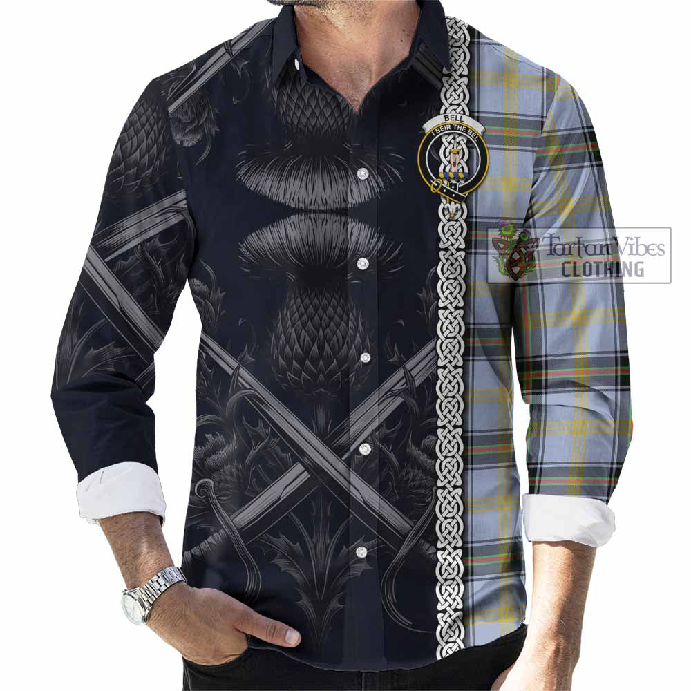 Tartan Vibes Clothing Bell Tartan Long Sleeve Button Shirt with Family Crest Cross Sword Thistle Celtic Vibes