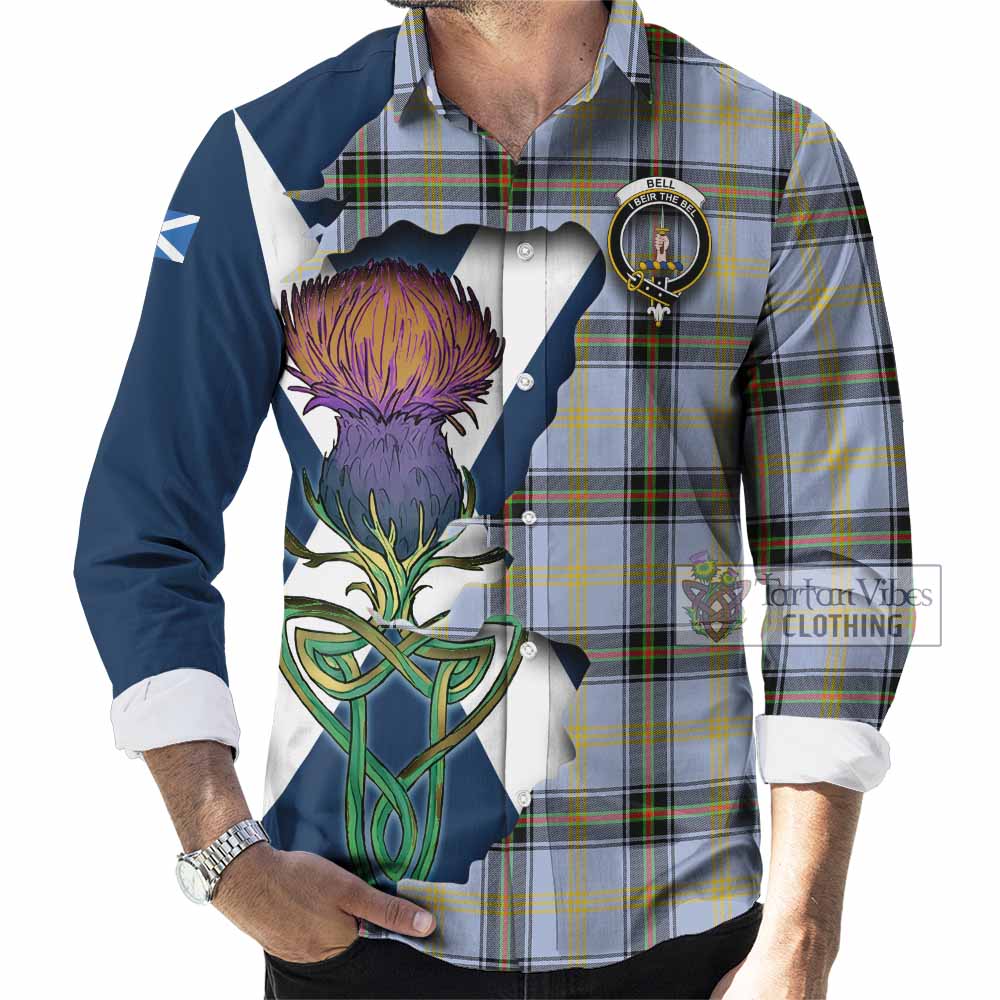 Tartan Vibes Clothing Bell Tartan Family Crest Long Sleeve Button Shirt Scottish Thistle Celtic Inspired