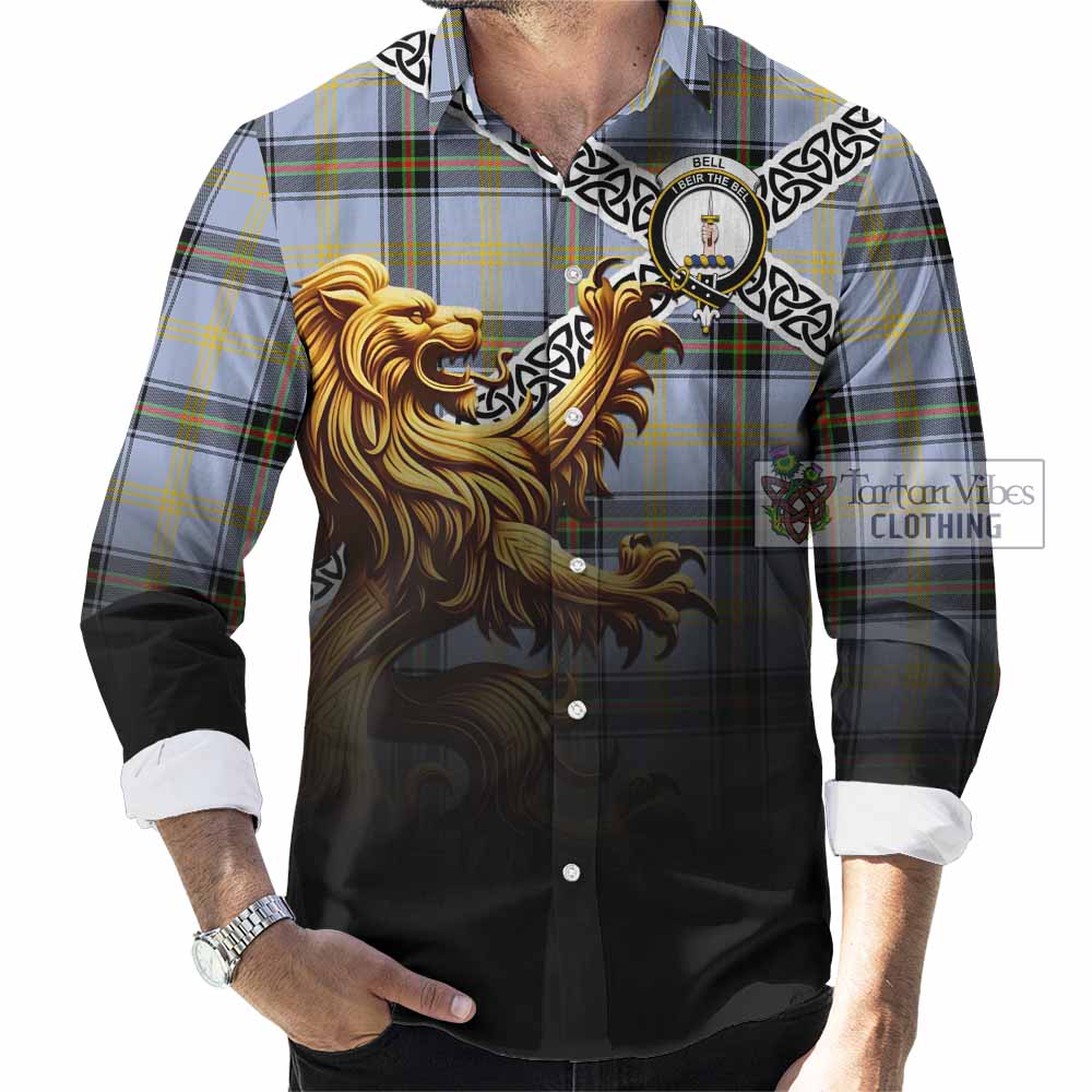 Tartan Vibes Clothing Bell Crest Tartan Long Sleeve Button Shirt with Golden Lion Emblem Celtic Style