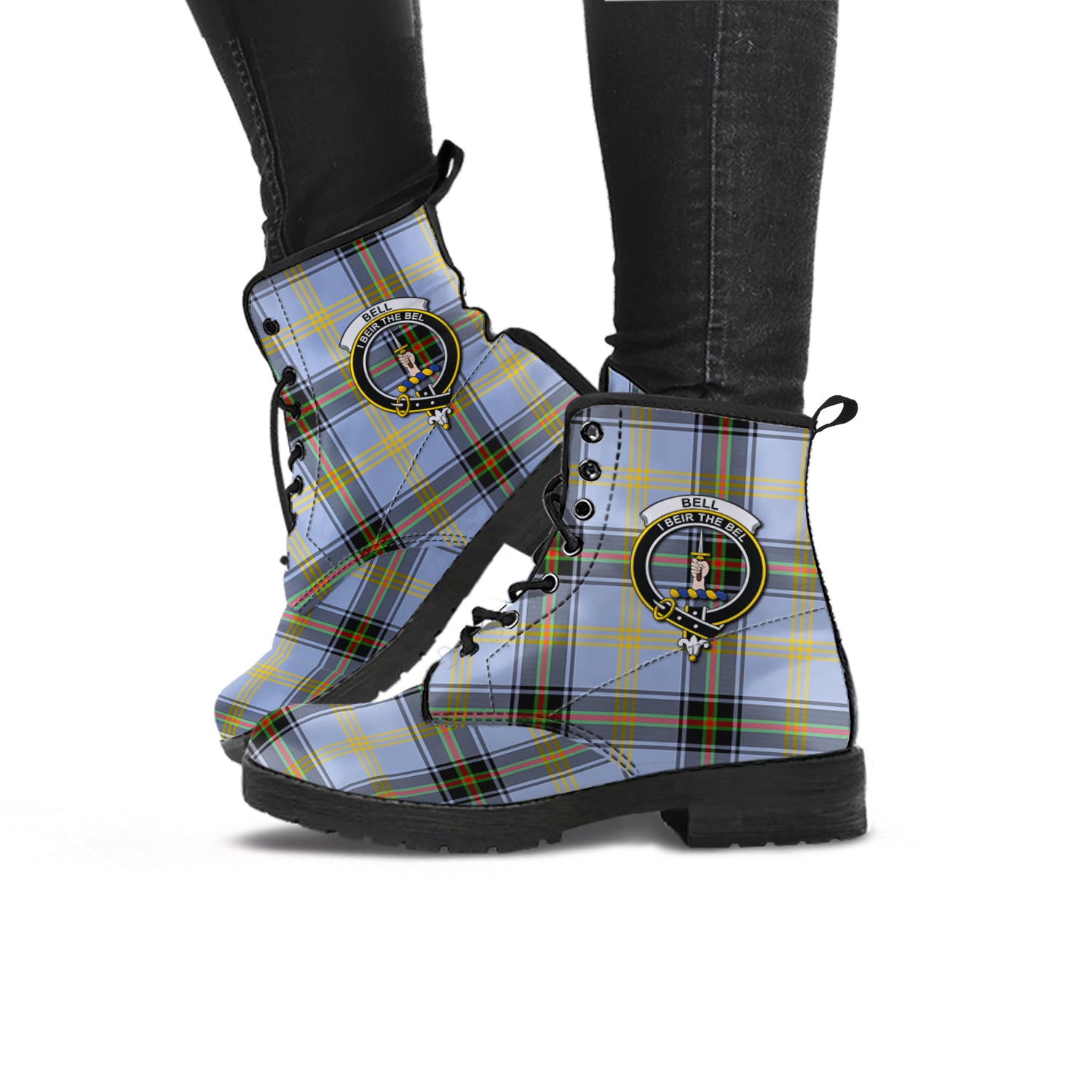 Bell Tartan Leather Boots with Family Crest - Tartanvibesclothing