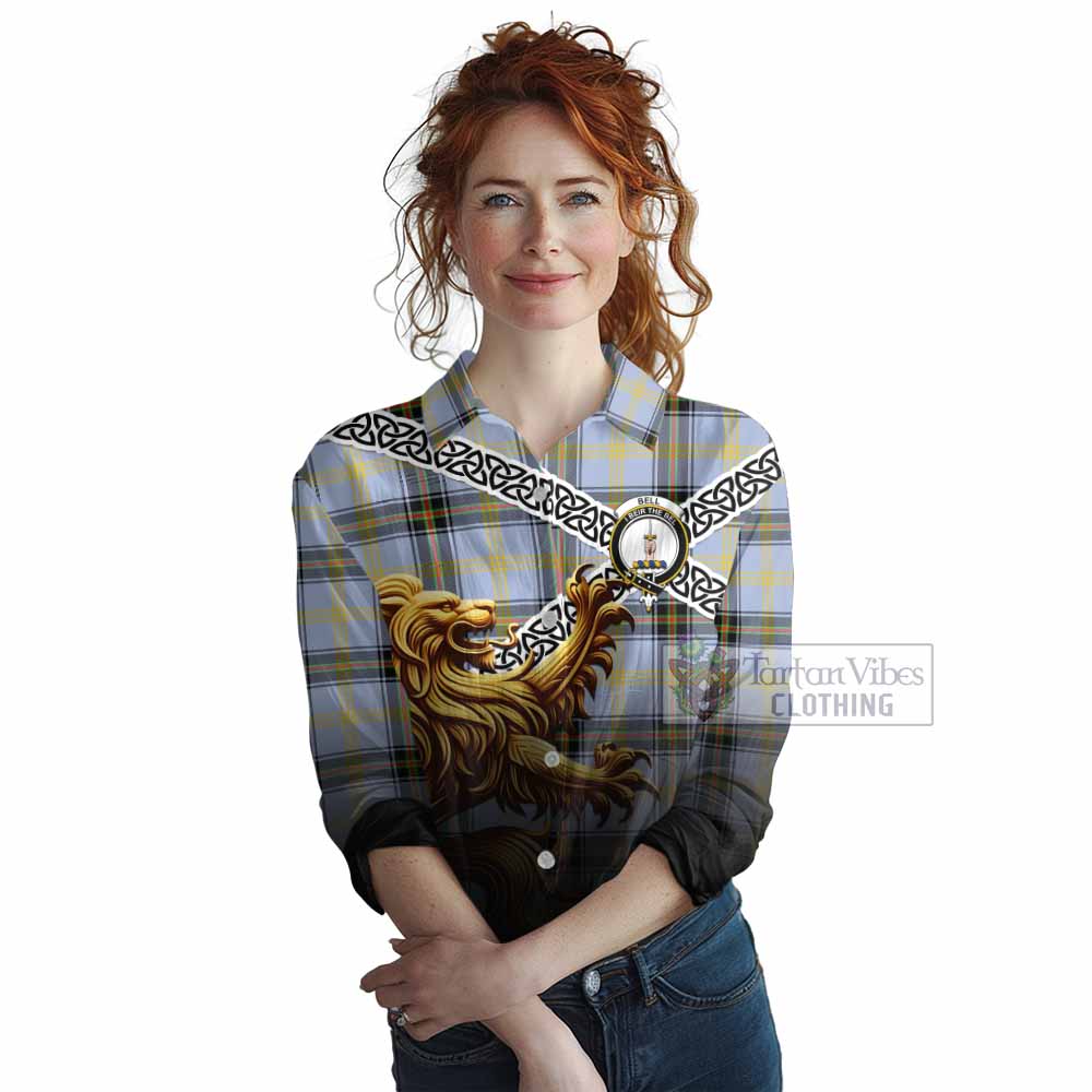 Tartan Vibes Clothing Bell Crest Tartan Women's Casual Shirt with Golden Lion Emblem Celtic Style