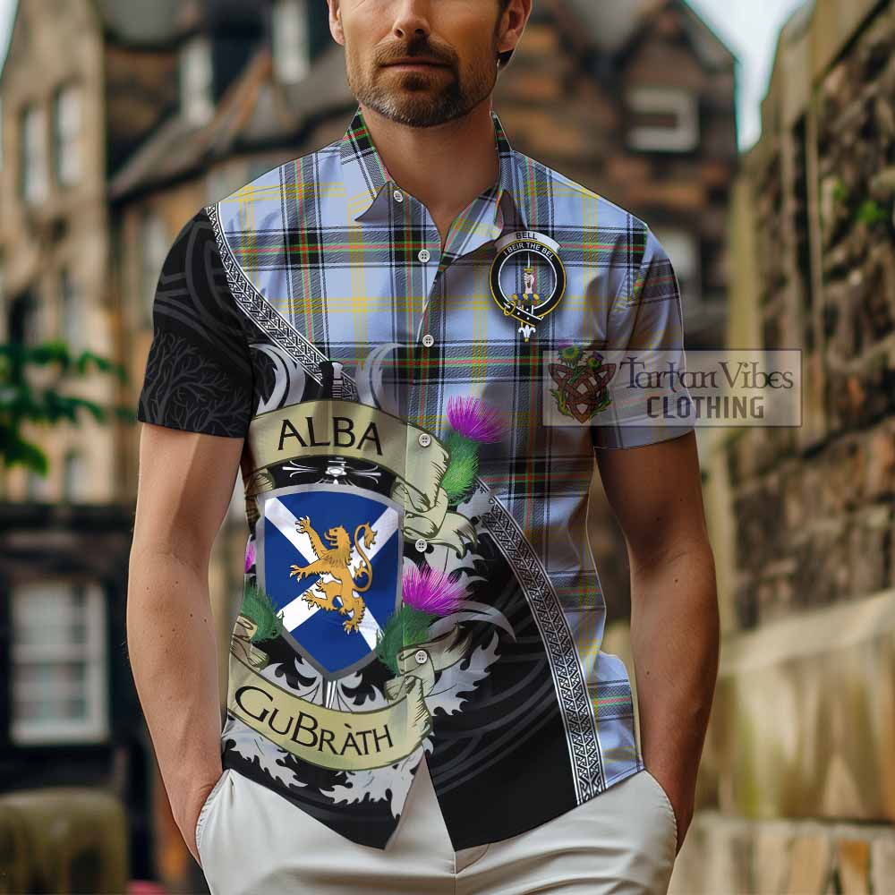 Tartan Vibes Clothing Bell Tartan Family Crest Short Sleeve Button Shirt Lion Rampant Royal Thistle Shield Celtic Inspired