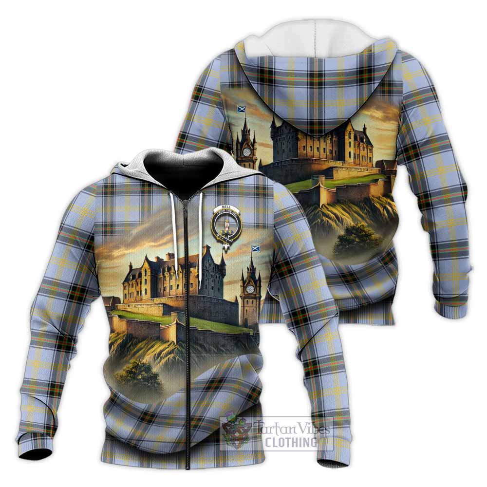Tartan Vibes Clothing Bell Tartan Family Crest Knitted Hoodie with Scottish Ancient Castle Style