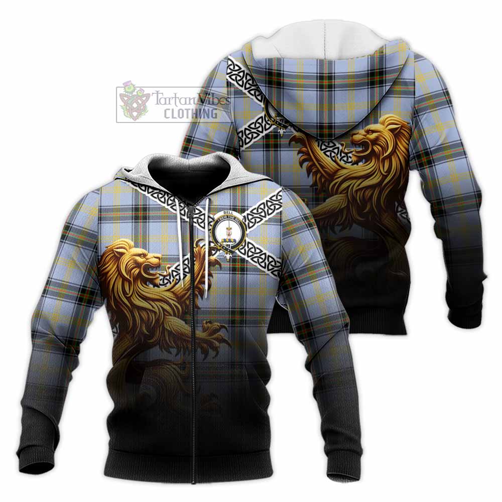 Tartan Vibes Clothing Bell Crest Tartan Knitted Hoodie with Golden Lion Emblem Celtic Style
