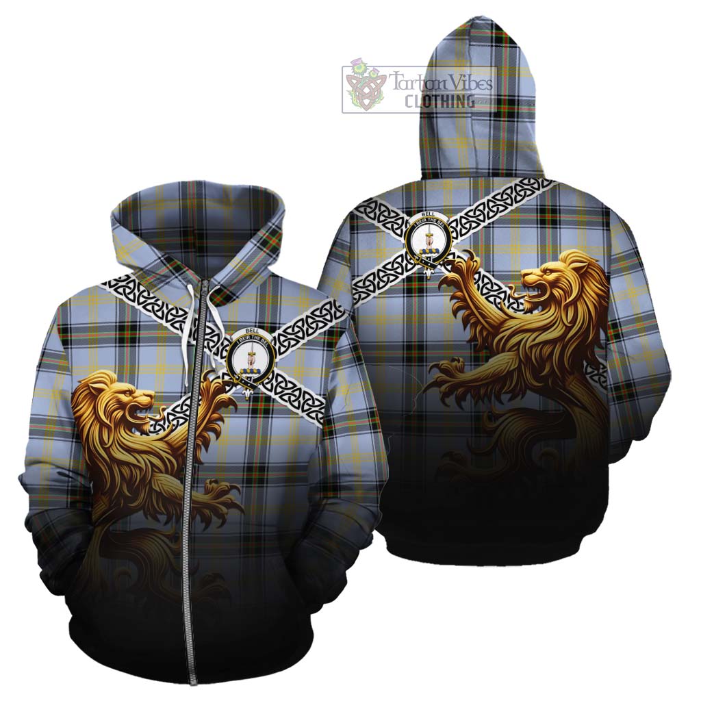 Tartan Vibes Clothing Bell Crest Tartan Cotton Hoodie with Golden Lion Emblem Celtic Style