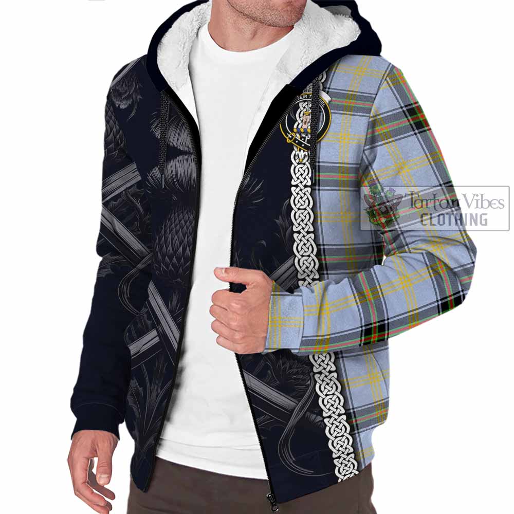 Tartan Vibes Clothing Bell Tartan Sherpa Hoodie with Family Crest Cross Sword Thistle Celtic Vibes