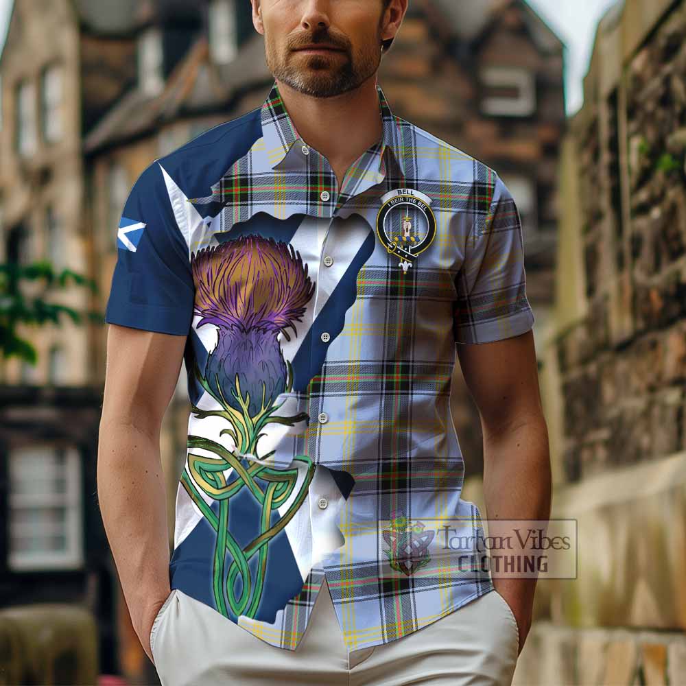 Tartan Vibes Clothing Bell Tartan Family Crest Short Sleeve Button Shirt Scottish Thistle Celtic Inspired