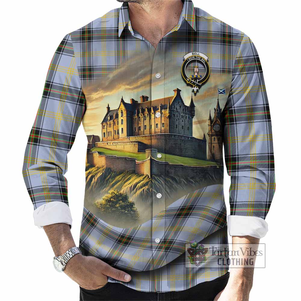 Tartan Vibes Clothing Bell Tartan Family Crest Long Sleeve Button Shirt with Scottish Ancient Castle Style